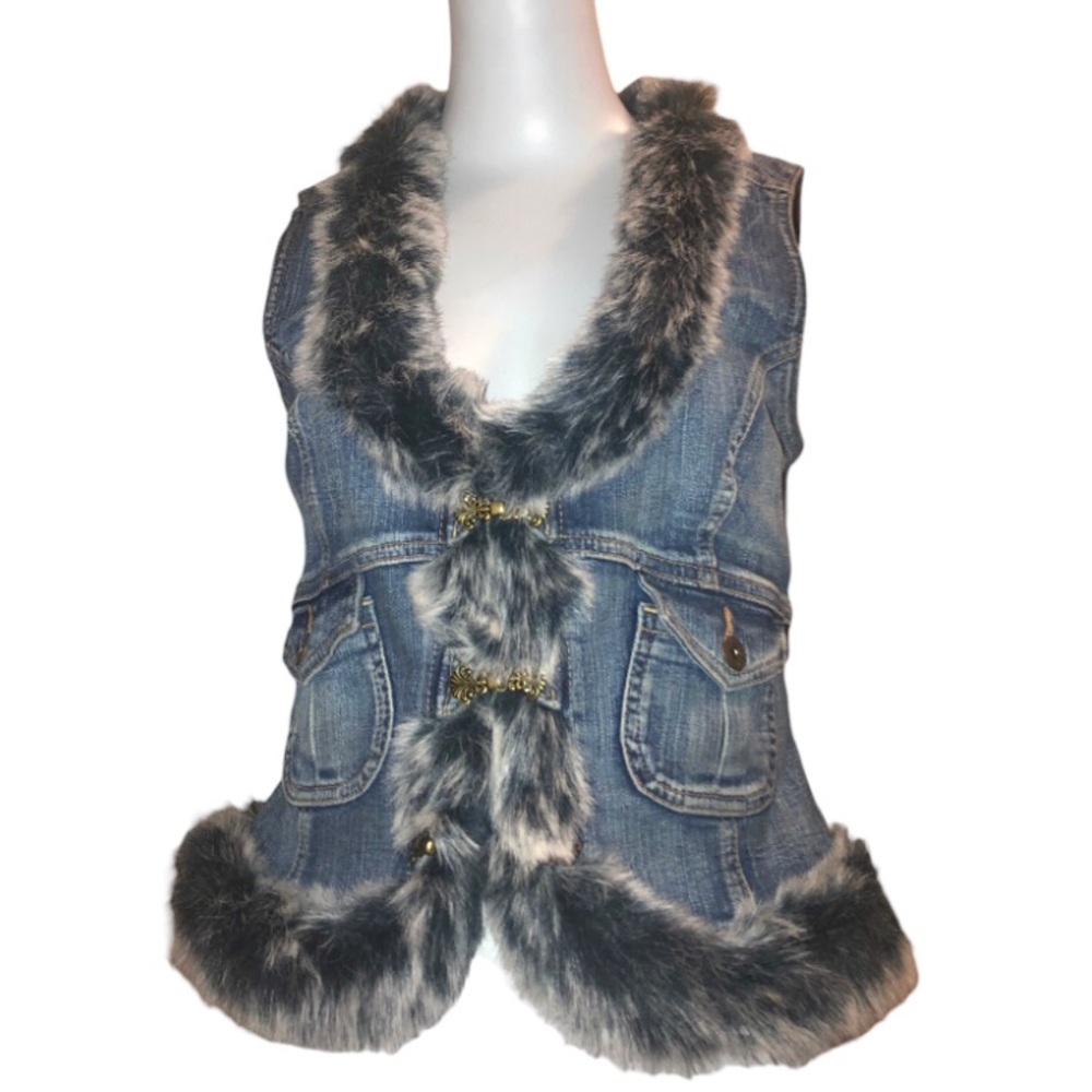 Rare! Guess Jeans Faux Fur Trimmed Denim Vest Size L EUC Vintage Wash Faded